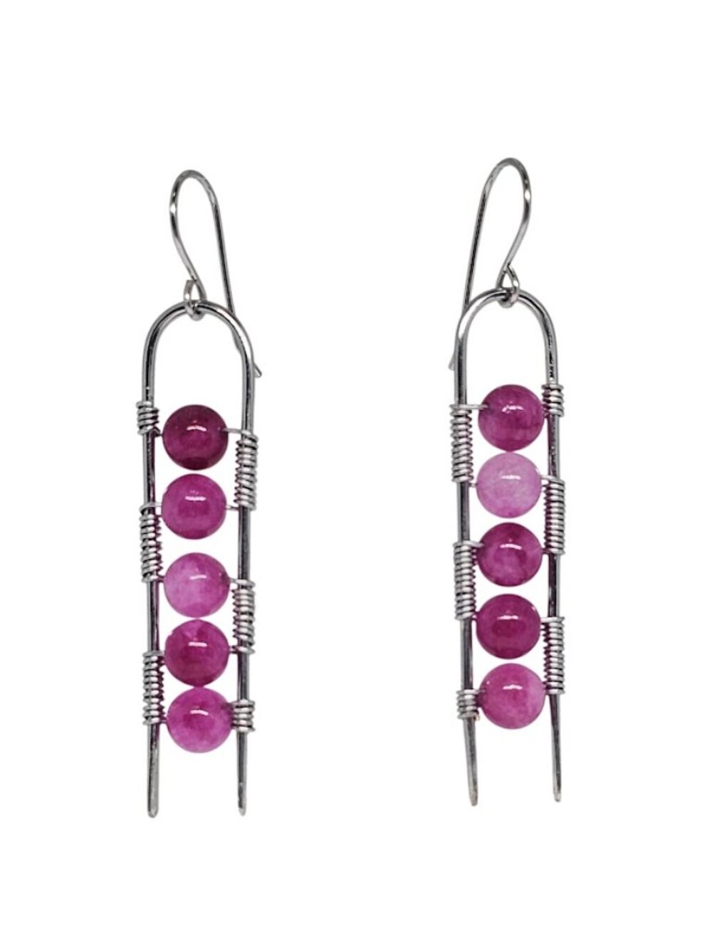 Pink Strawberry Quartz Gemstone Wire Wrap Dangle Earrings Silver Boho Handmade